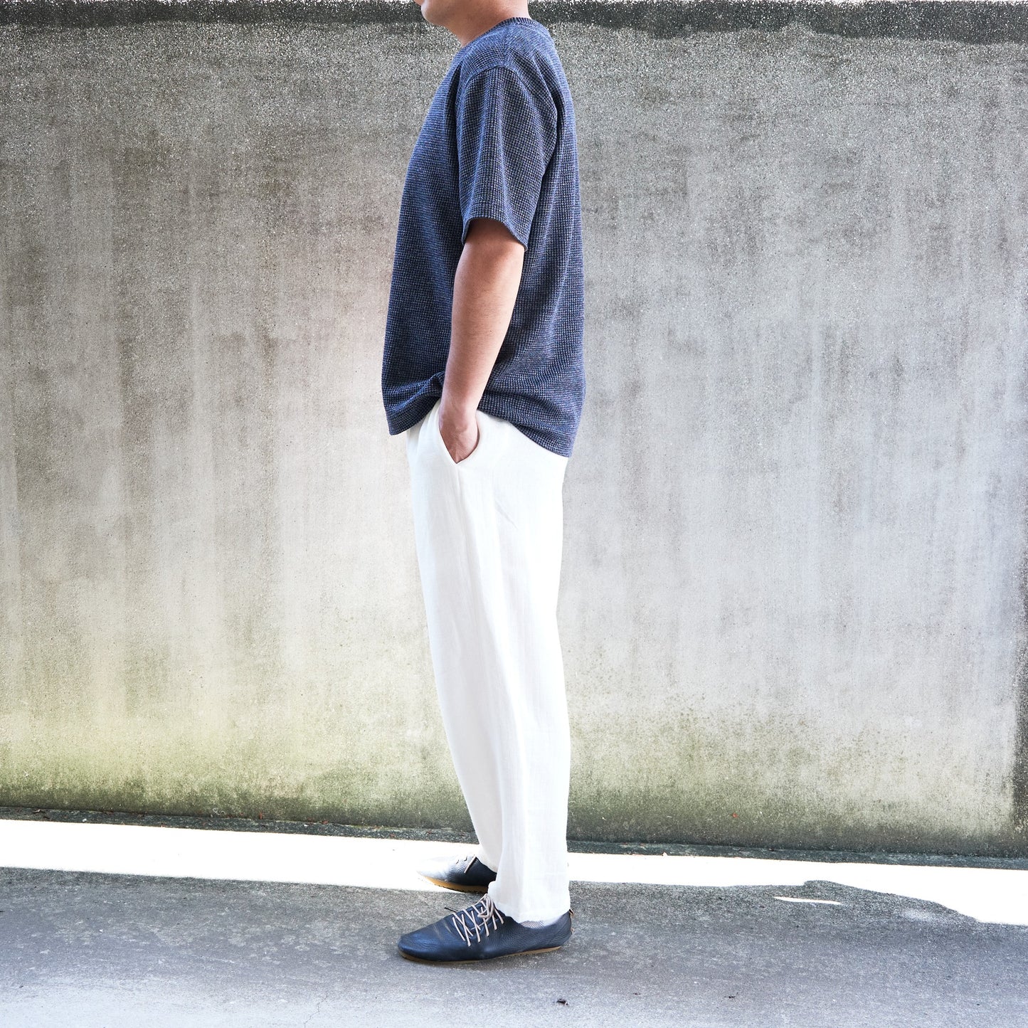 <デッドストック生産> 尾州 ワッフルTシャツ ダークネイビー