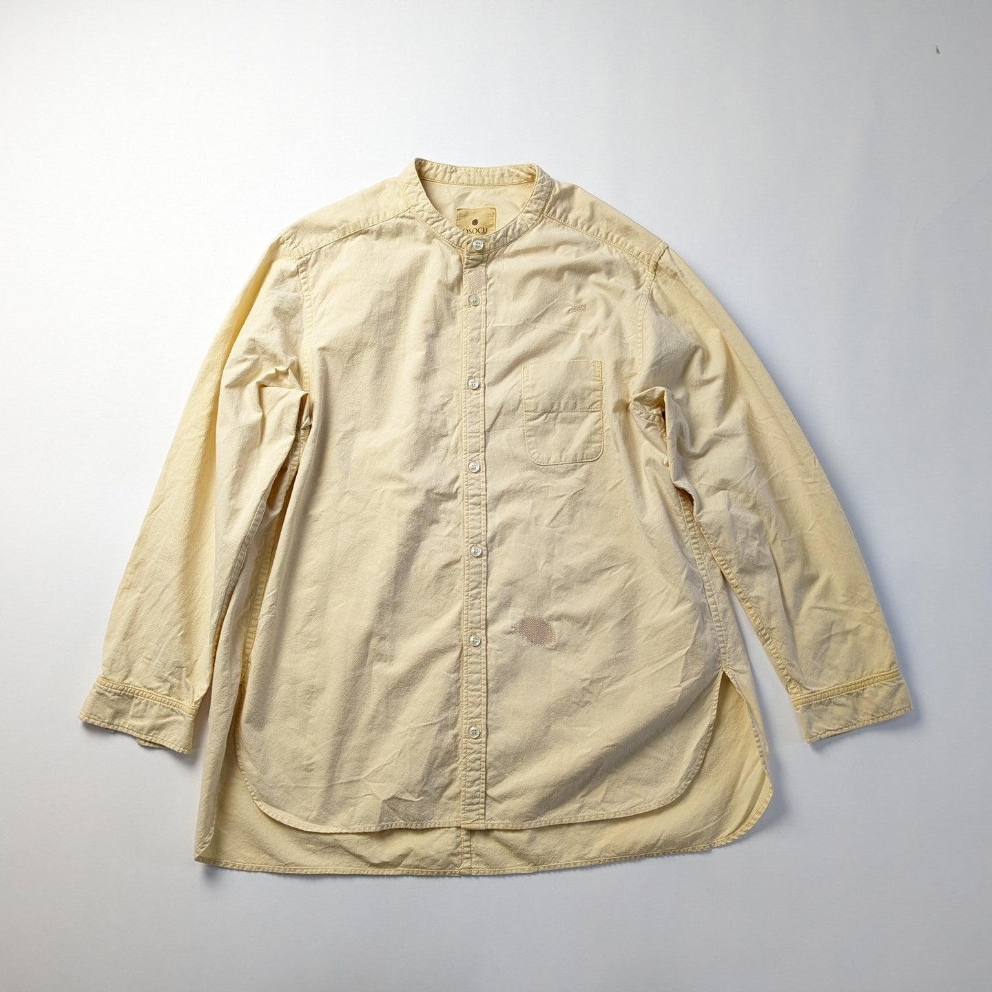 <Re:OSOCU> 知多木綿 草木染め バンドカラーシャツ 知多半島ミカン 修繕シャツ
