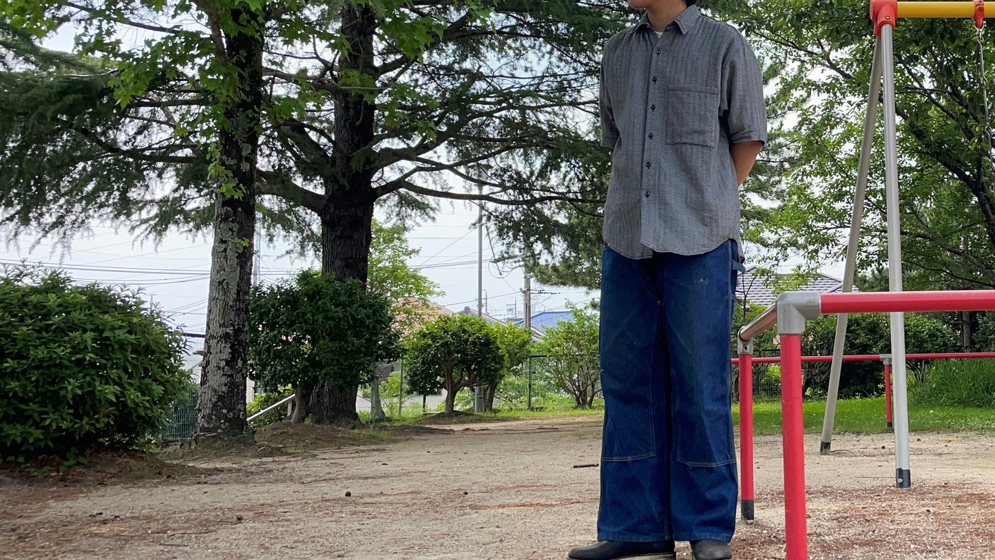 <OSOCU>知多木綿 半袖リラックスシャツ 斜葉 黒