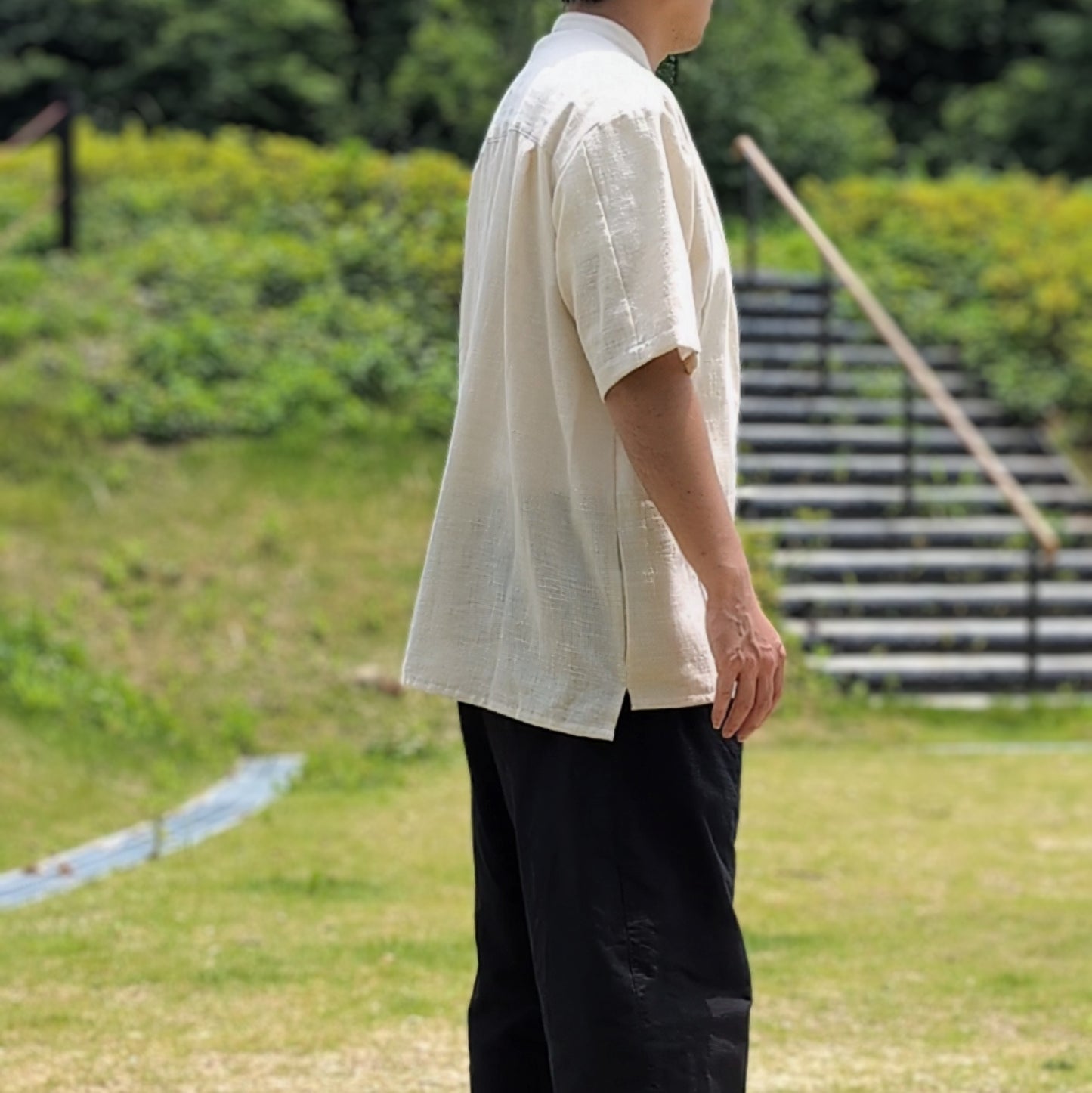 <OSOCU>備後節織 綿麻節織 半袖プルオーバーシャツ 生成 フリーサイズ
