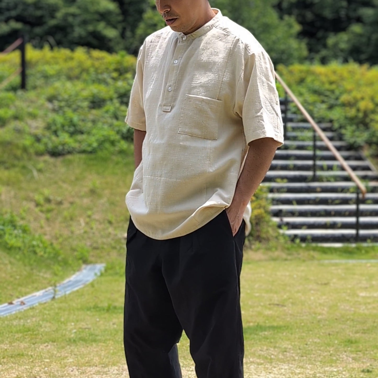 <OSOCU>備後節織 綿麻節織 半袖プルオーバーシャツ 生成 フリーサイズ