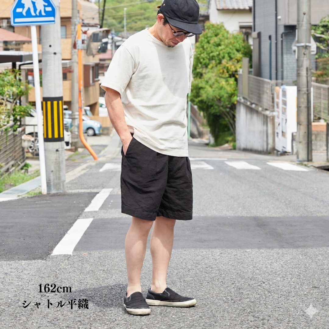 織り方の違いを体感できる 別注知多木綿ヘンプコットン ハーフパンツ 名古屋黒紋付染