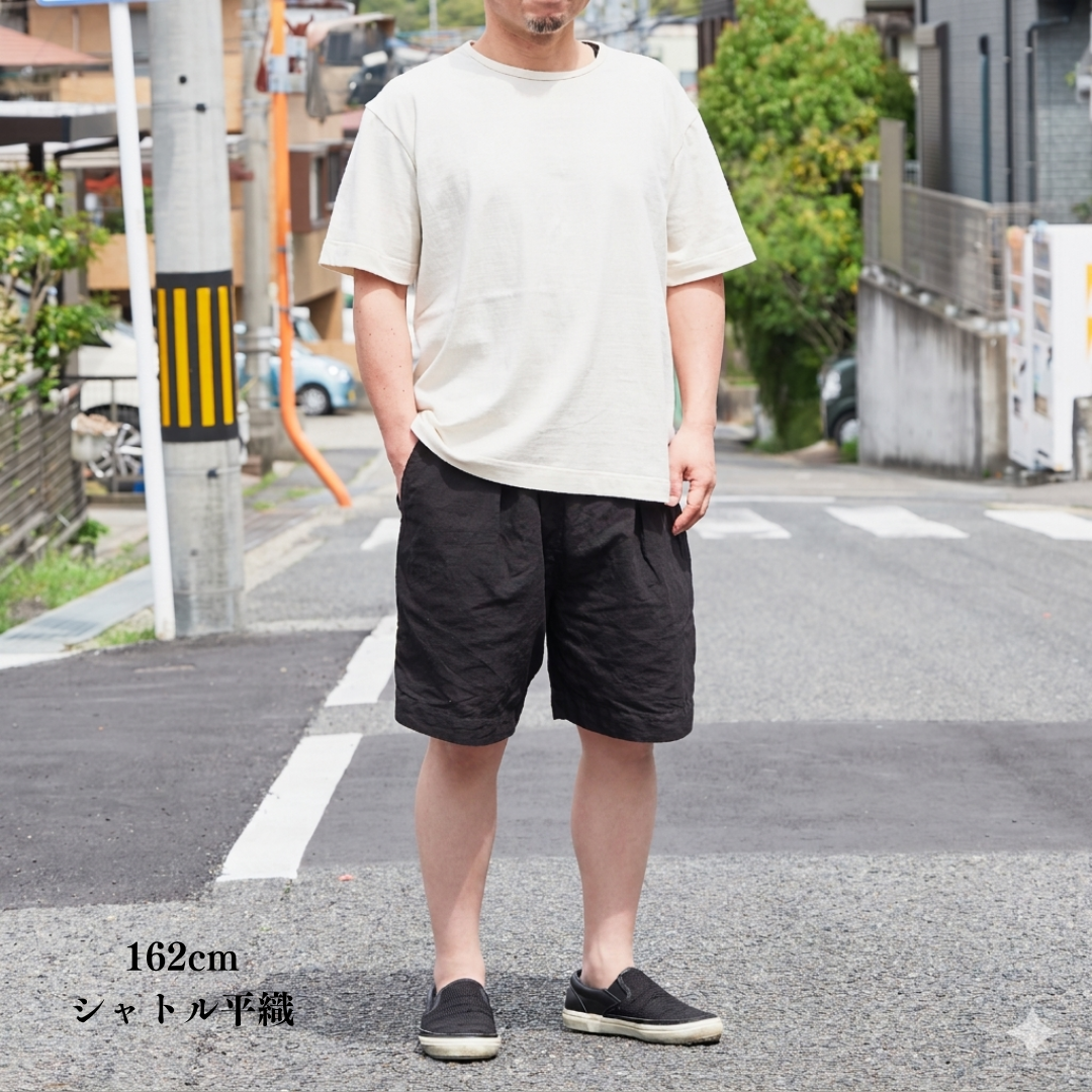 織り方の違いを体感できる 別注知多木綿ヘンプコットン ハーフパンツ 名古屋黒紋付染