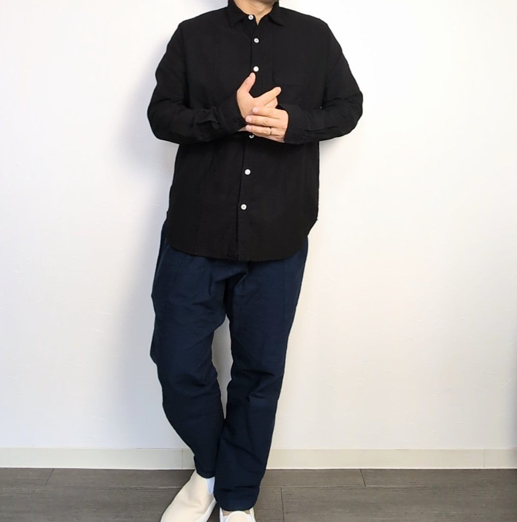 <OSOCU> 知多木綿 シャンタン生地 レギュラーカラーシャツ 名古屋黒紋付染