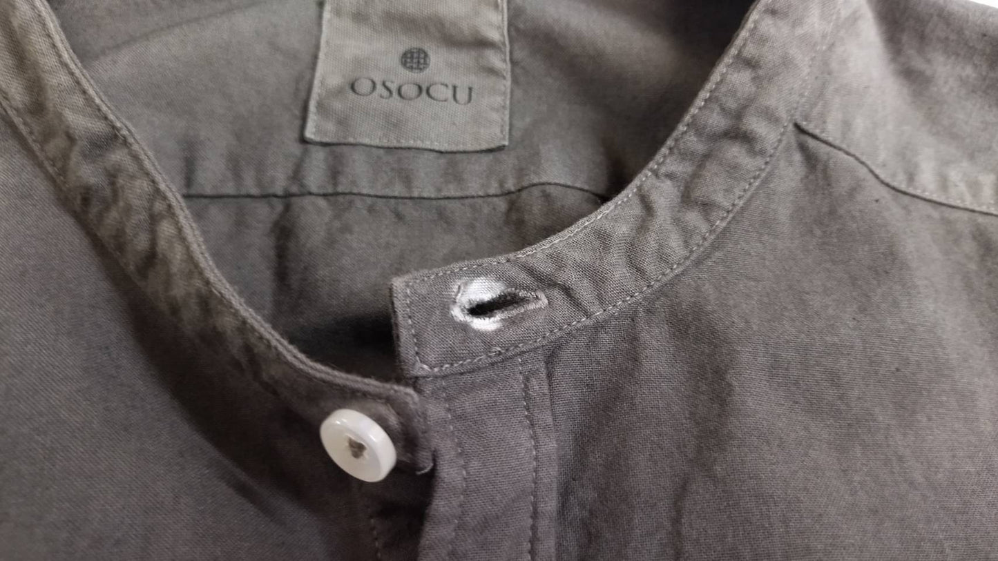 <OSOCU> 知多木綿 草木染め バンドカラーシャツ 野草グレー 2次加工 Lサイズ