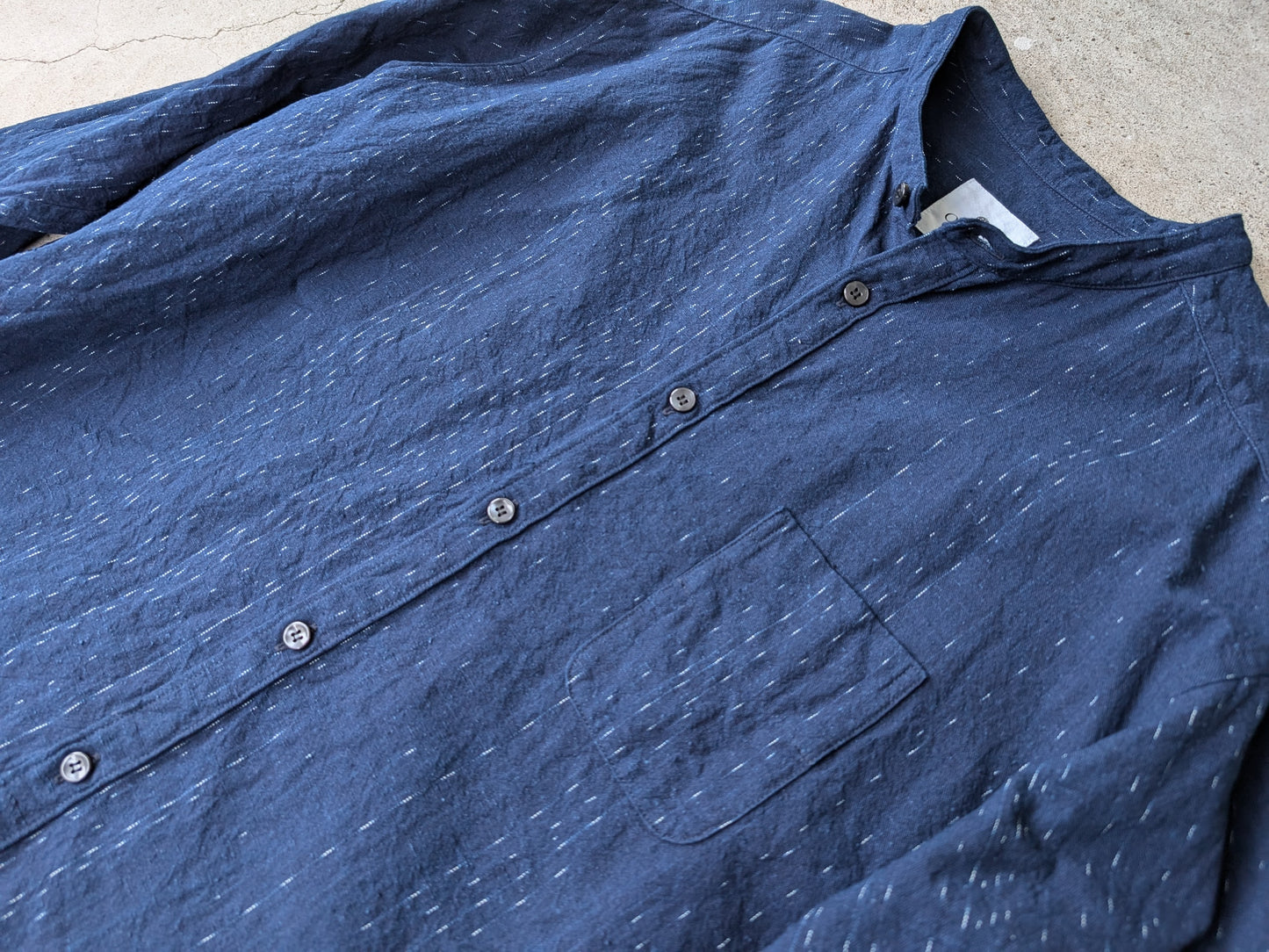 <OSOCU> 一点物 備後節織 小雨縞 バンドカラーシャツ ワンウォッシュ